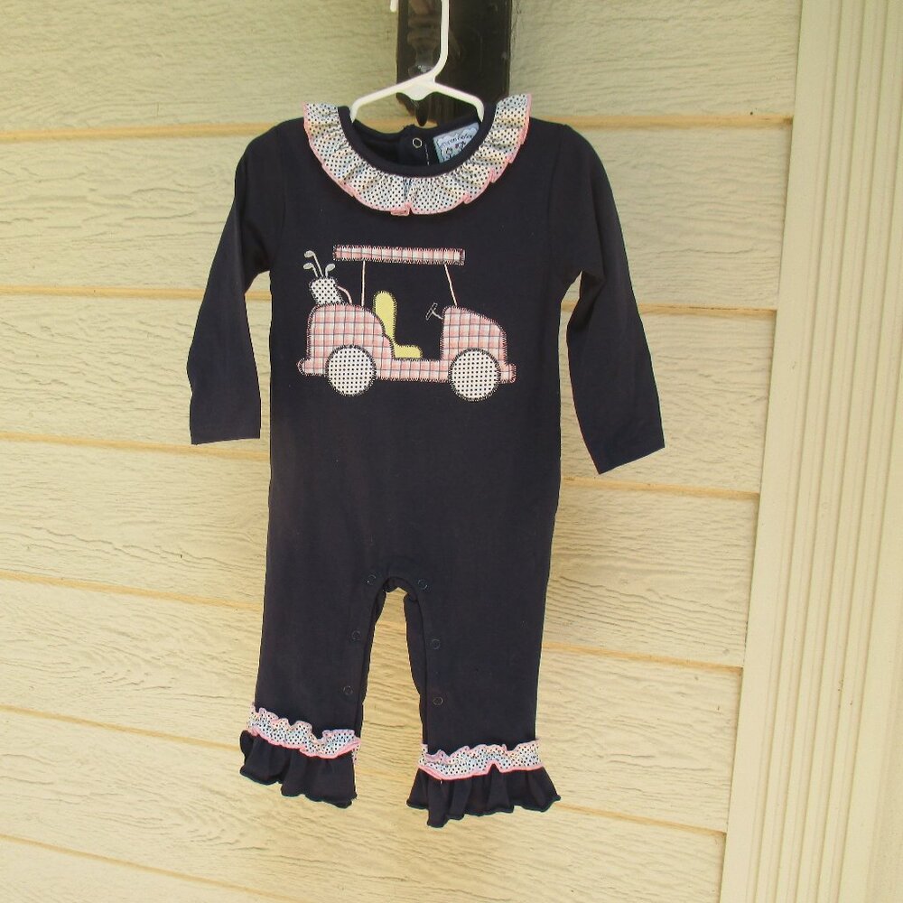 Three Sisters Toddler Girls navy longall Romper golf cart in pink  size 18M